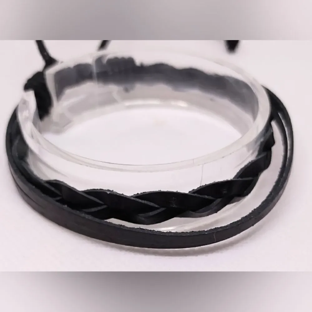 Men's leather bracelet braided layered black new e47‎